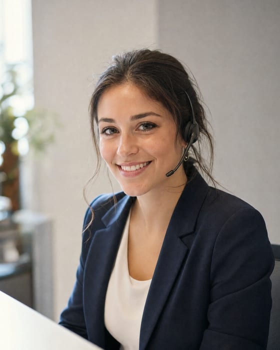 Jessie, the AI receptionist, wearing a phone headset at a reception desk